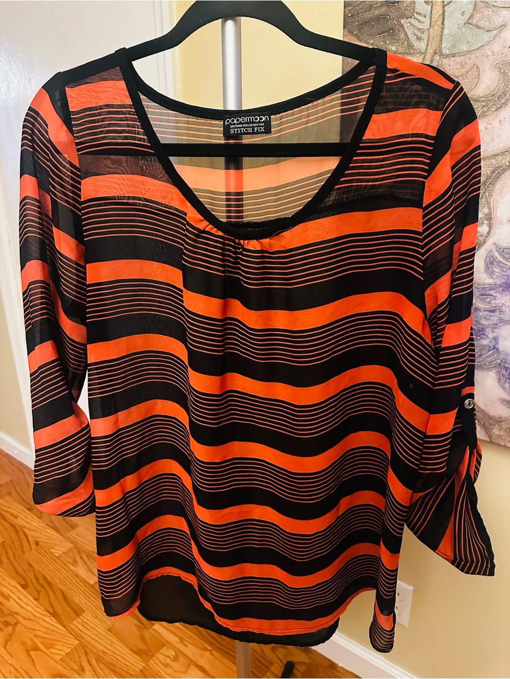 STITCH FIX Papermoon Black & Orange Striped Scoop Neck Blouse